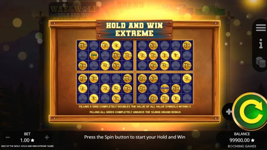 Way of the Wolf Hold and Win Extreme 10,000 slot machine interface