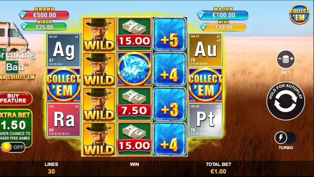 Breaking Bad Mega Collect’Em slot machine interface featuring iconic series imagery