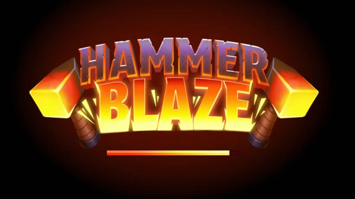 Tampilan visual slot Hammerblaze dengan latar belakang gunung berapi dan grid 7x7.